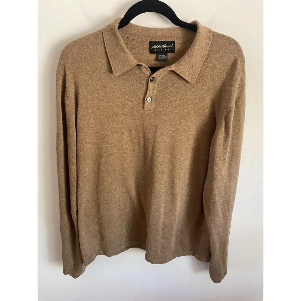 Eddie Bauer Mens Tan Cotton Long Sleeve Polo Sweater Size L Camel Heather Knit